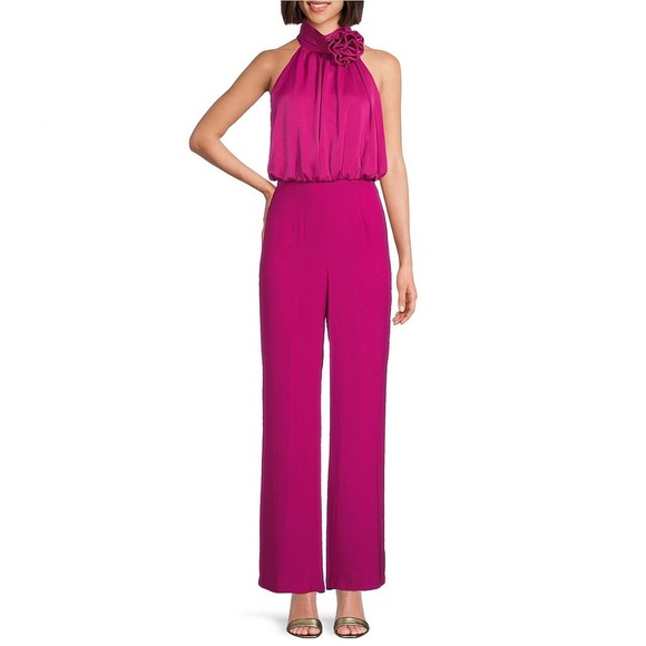 Eliza J | Satin Rosette Embellished Mock Neck Sleeveless Blouson Jumpsuit - Picture 1 of 5